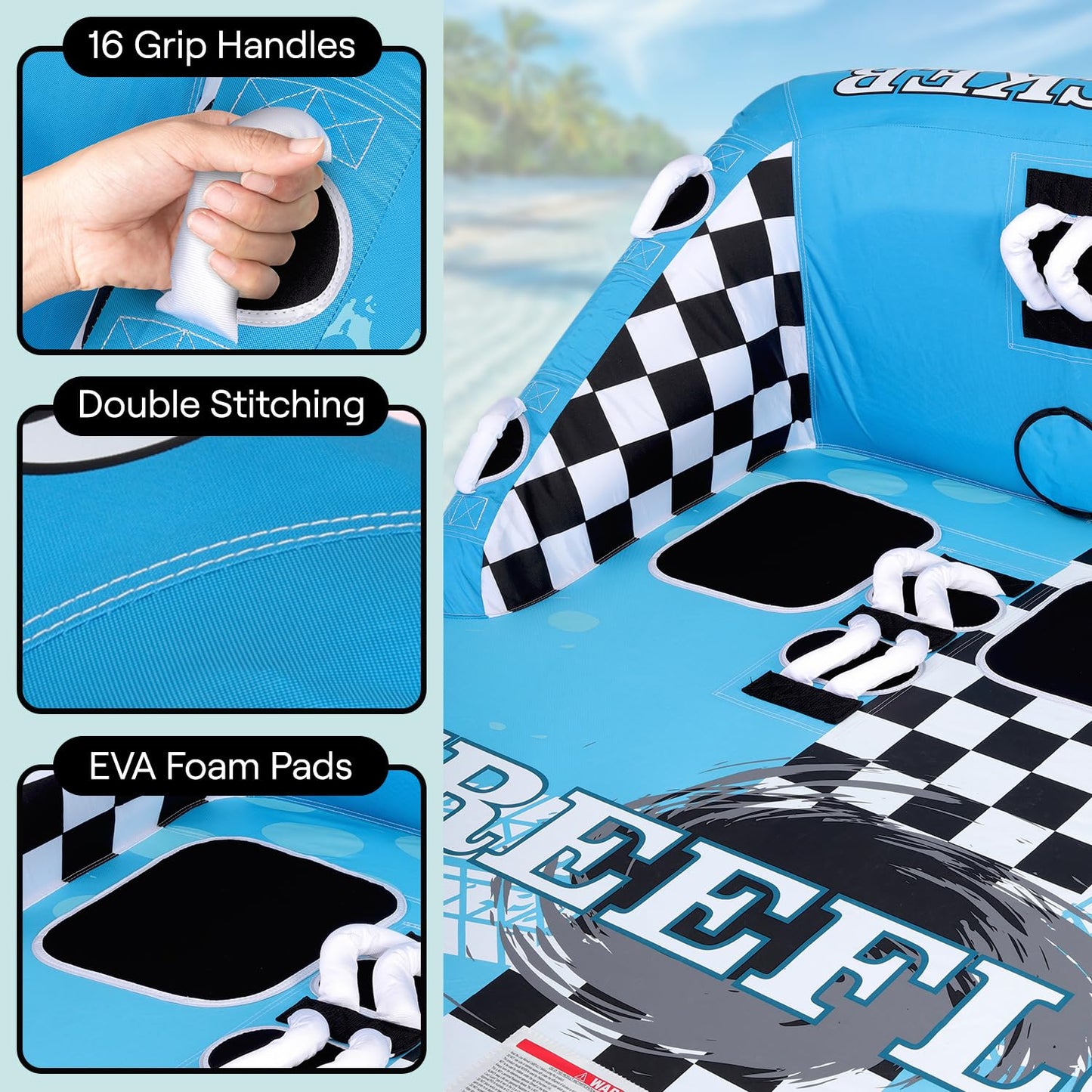SereneLife 3-Person Inflatable Towable Booster Tube - Heavy-Duty Water Tube Boating Float Tow Raft, Watersports Inflatable Pull Boats/Tubes/Towables w/Foam Seats, PVC Bladder, Handles