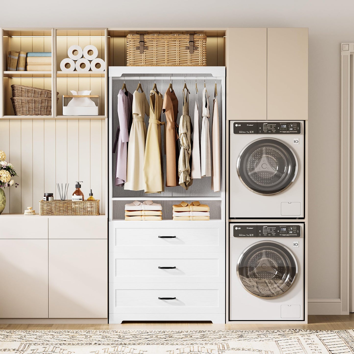 IRONCK Freestanding Closet System with 3 Wood Drawers, Modern Armoire Wardrobe with Adjustable Shelves & Hanging Rod, Walk-in Closet Systems Organizer for Small Closet, 31.5" White