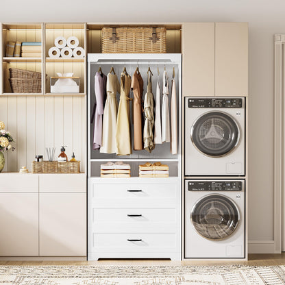 IRONCK Freestanding Closet System with 3 Wood Drawers, Modern Armoire Wardrobe with Adjustable Shelves & Hanging Rod, Walk-in Closet Systems Organizer for Small Closet, 31.5" White