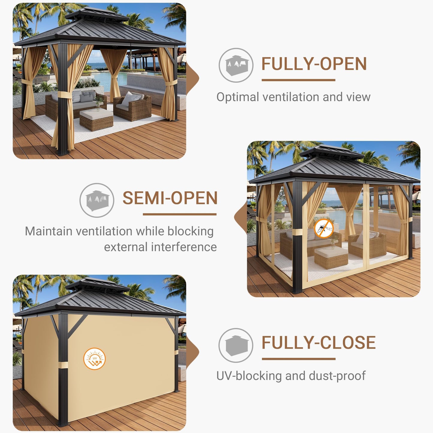 All-Weather 10' x 12' Hardtop Aluminum Gazebo with Double Metal Roof, Netting & Curtains – Permanent Outdoor Pavilion Pergolas for Patio, Deck, Garden & Backyard, Khaki