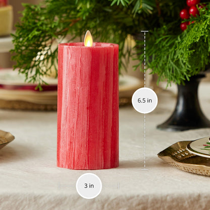 Luminara Selenite Looking Flameless Candle, Holiday Red 3" x 6.5", Battery Operated Real Wax Moving Flame LED Pillar w/Timer, Home Decor Unscented