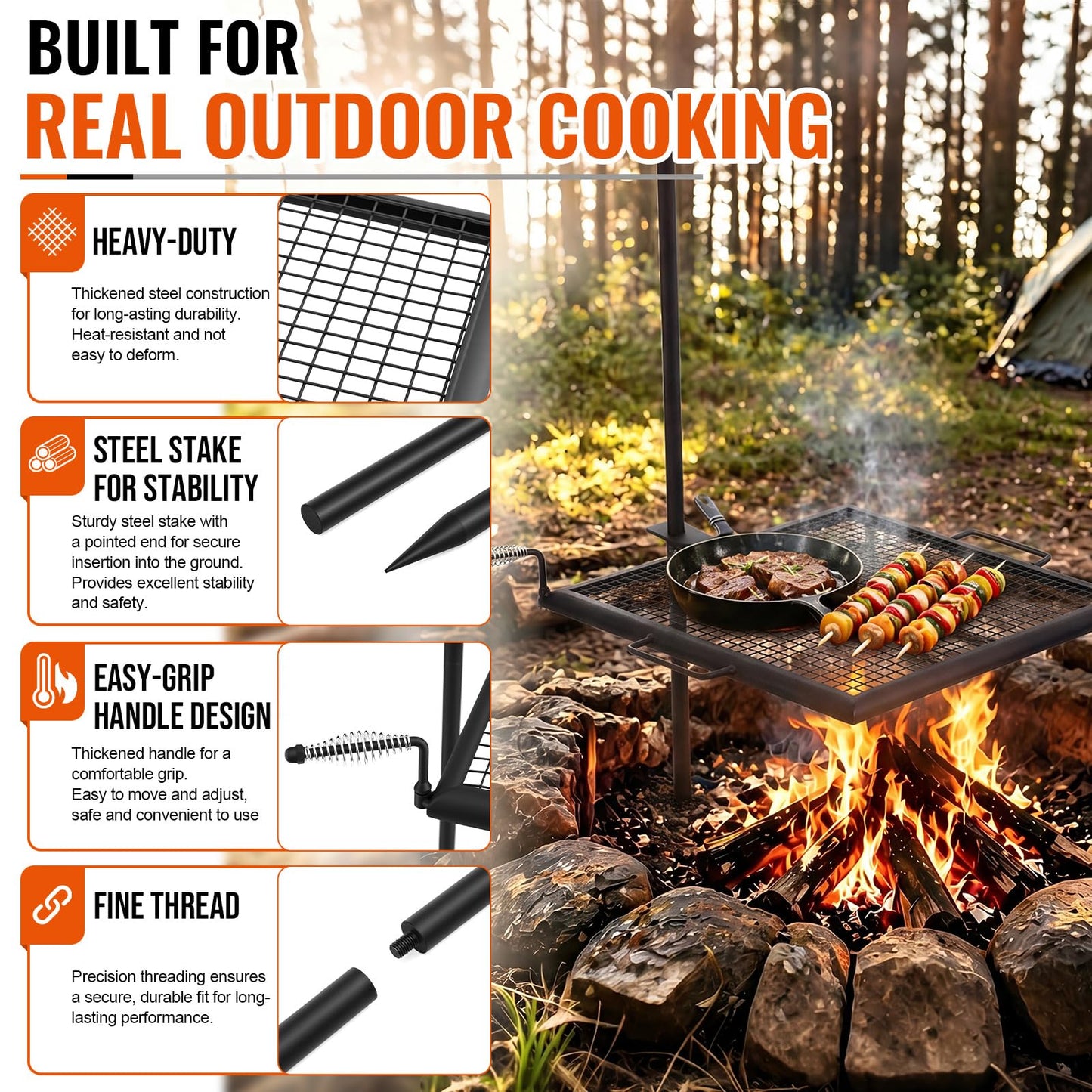 Ferrochef 24" x 24" Fire Pit Campfire Grill Grate Campfire Grill Portable Open Fire Cooking Heavy-duty Foldable Camping Cooking Barbecue Rack Easy Setup & Adjustable Height for Outdoor BBQ