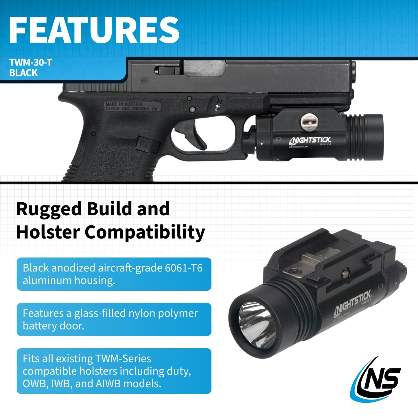 Nightstick TWM-30-T Full Size Turbo High Candela Handgun Light - 2 CR123 - Black