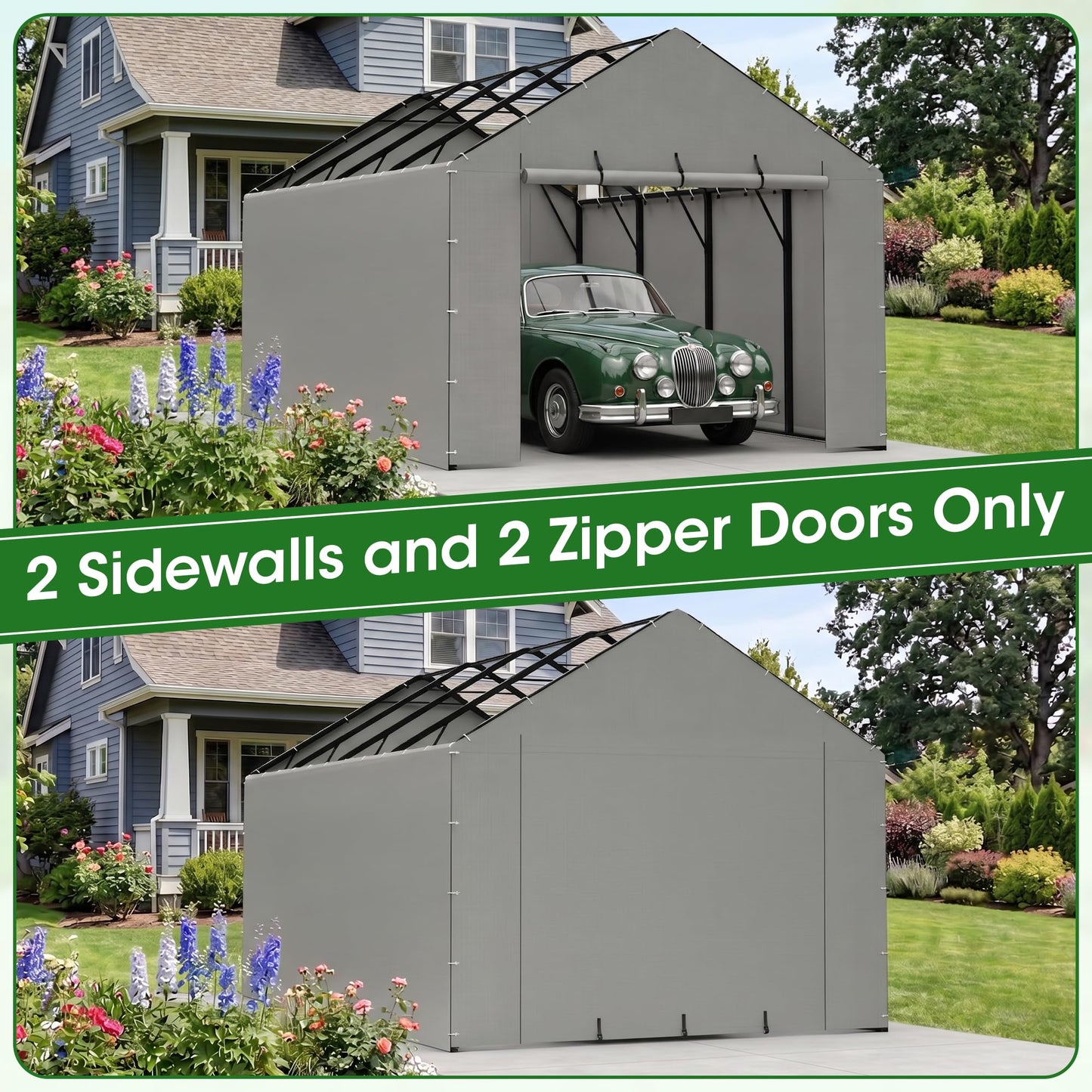 ELUZENE 2 Packs Metal Carport Sidewalls & 2 Pack Zipper Doors for 20'x20' Metal Carport, Waterproof UV Protected, Easy Assembly with Ball Bungees, Grey (Frame & Top Cover Not Included)