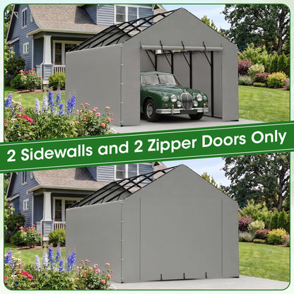 ELUZENE 2 Packs Metal Carport Sidewalls & 2 Pack Zipper Doors for 20'x20' Metal Carport, Waterproof UV Protected, Easy Assembly with Ball Bungees, Grey (Frame & Top Cover Not Included)