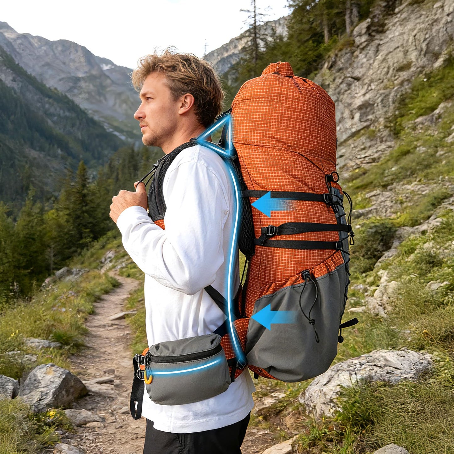 Night Cat Internal-frame Hiking Backpcack: 50L / 60L / 70L Roll Top Lightweight Travel Backpack with Rain Cover for Men Women Hiking Camping Backcpacking Orange Red
