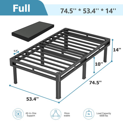 NKZ Box Spring Full Size, 14 inch All-in-One Box Spring with 9 Legs for Full Bed, 4000lbs Heavy Duty Metal Mattress Foundation with Fabric Cover, Noise Free, Easy Assembly, Black