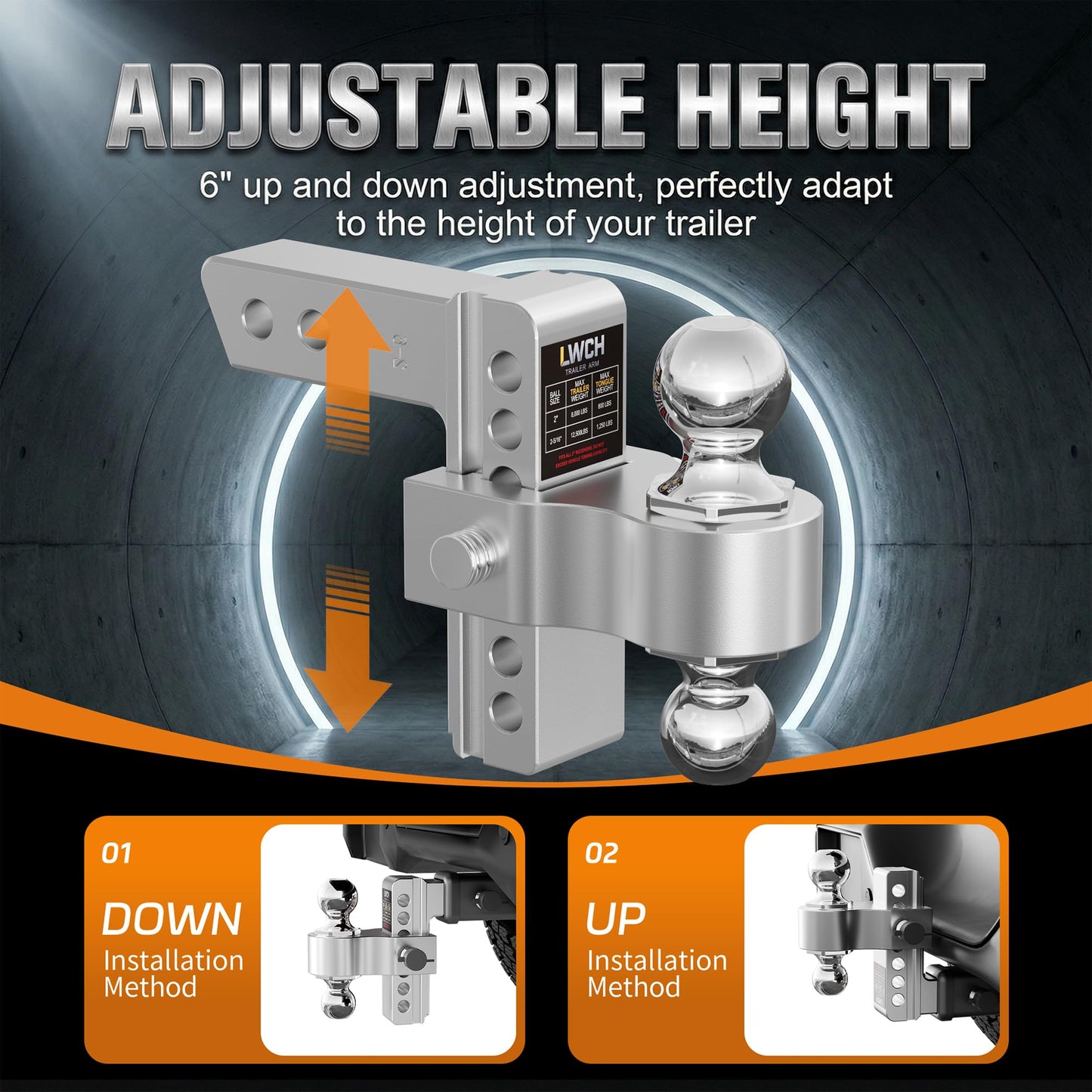 LWCH Adjustable Trailer Hitch, Fit 2 Inch Receiver, 12,500 LBS GTW, Heavy Duty Aluminium Drop Hitch with 2" & 2-5/16" Chrome Plated Steel Ball Mounts for Trucks, 6 Inch Drop/Rise, 2 Anti-Theft Pins