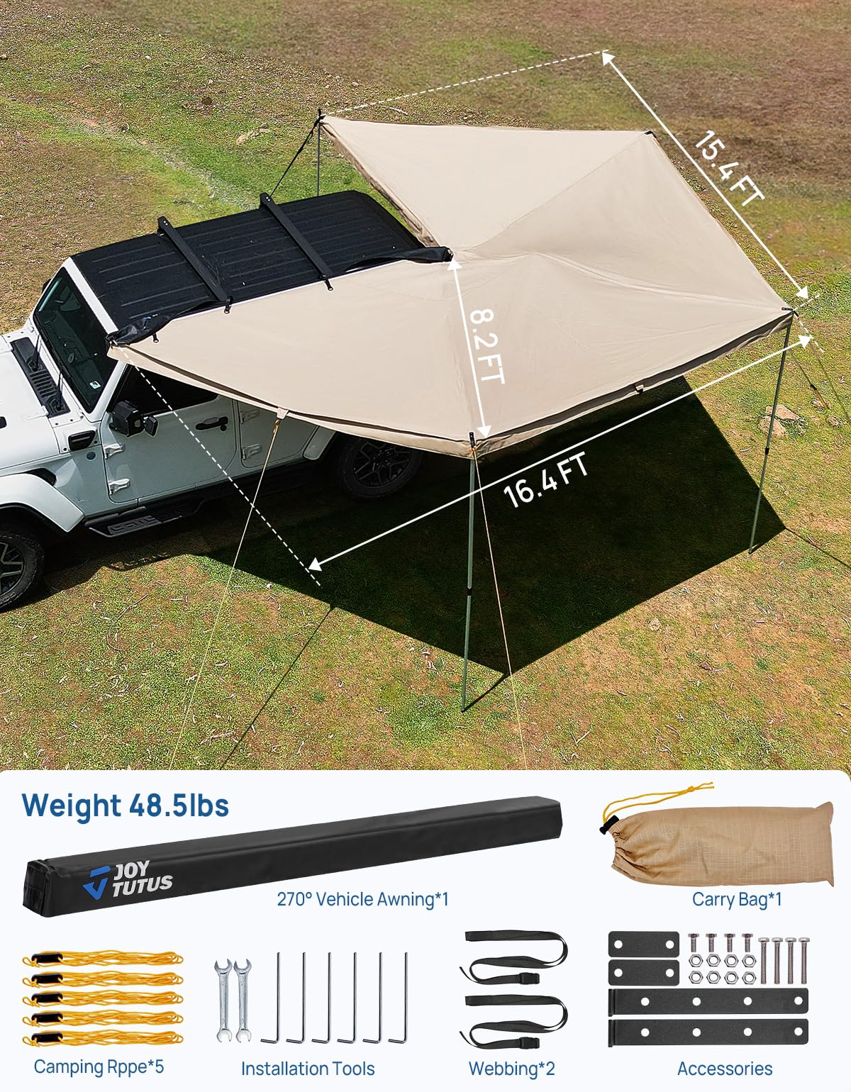 JOYTUTUS 270 Awning - 125 SQ. FT Freestanding All-Weather Side Canopy, Vehicle Awning UV50+, Waterproof PU10000mm, Adjustable for SUV/Truck/Van Driver Side, Wind Resistant