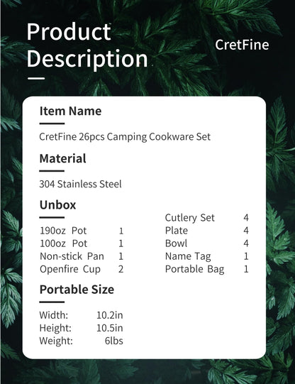CretFine CompactKit Camping Cookware Set Stainless Steel Pots and Pan with Detachable Handle and Oxford Cloth Bag, for 4-8 Mess Kit with Utensils for Camp Kitchen, Picnic, BBQ, Traveling, Emergency