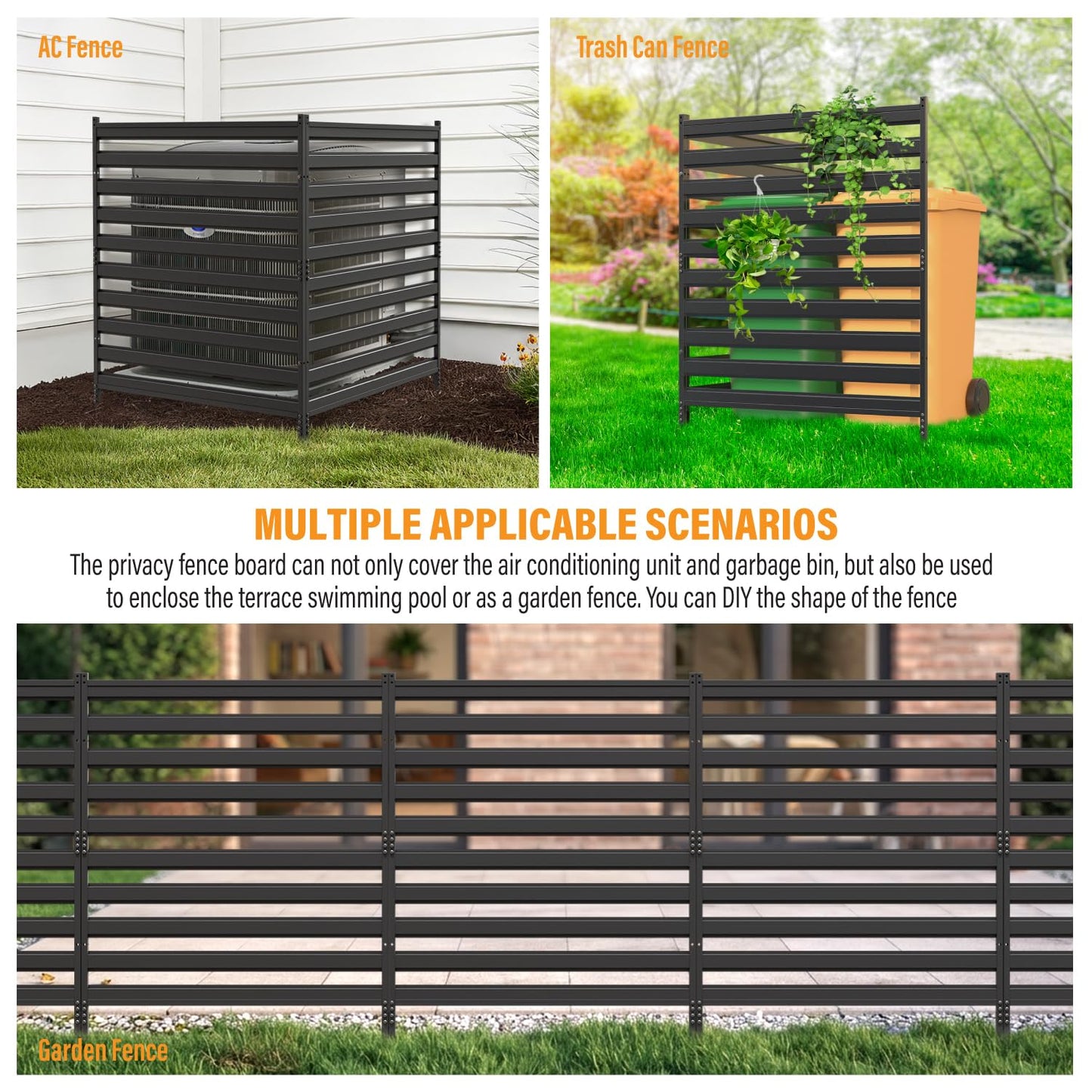 2 Panels 48" W x 48" H Air Conditioner Fences Screen, Metal Privacy Fence for Outside Unit, Pool Equipment Enclosure Trash Can Fence, No Dig Backyard Fencing for Outdoor (Black)