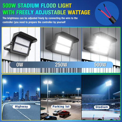 ledmo 500W Dimmable Led High Mast Stadium Light, 75000LM Super Bright Outdoor Arena Floodlight Adjustable IP66 5000K 100-277V Sports Court Lighting for Commercial Square Ballpark Large Yard Area