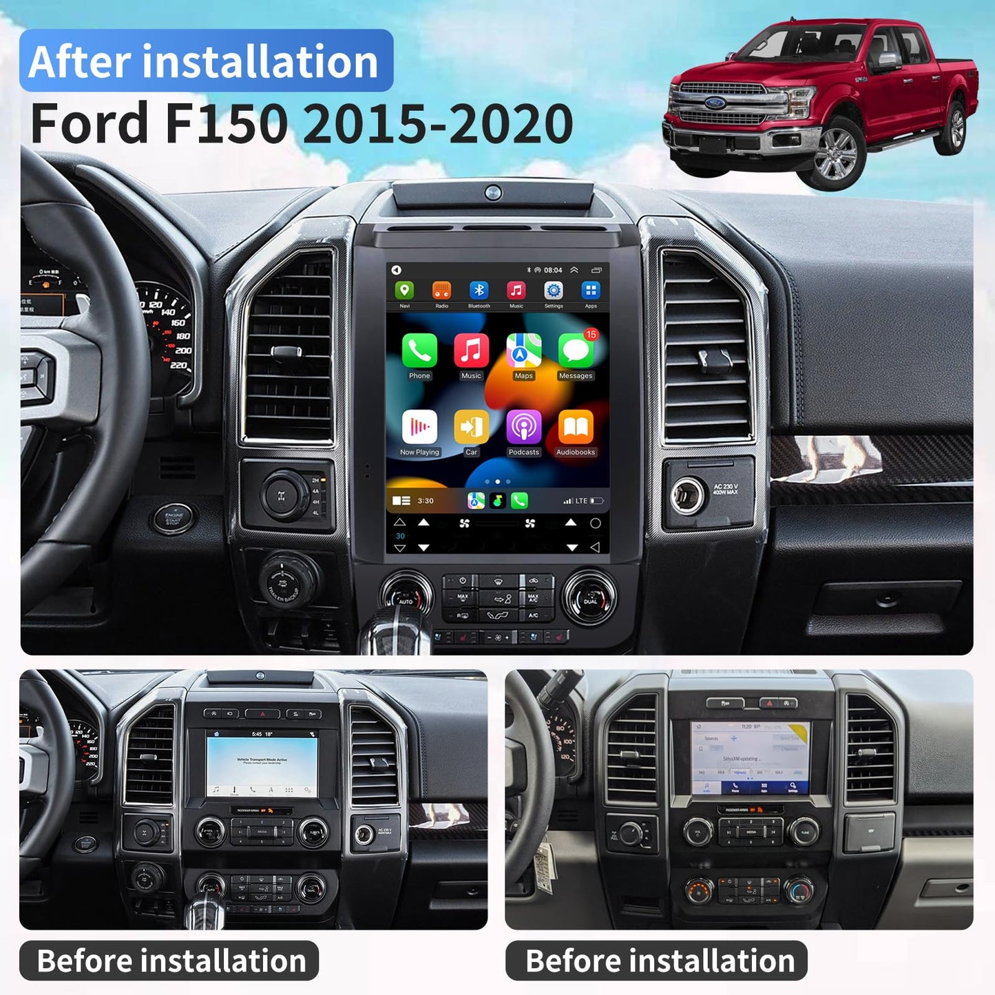 Car Radio for Ford F150 2015 2016 2017 2018 2019 2020 Upgrade Stereo Radio Replacement with CarPlay 12.1 inch Touch Screen Android Auto Bluetooth GPS WiFi Backup Camera 8Core