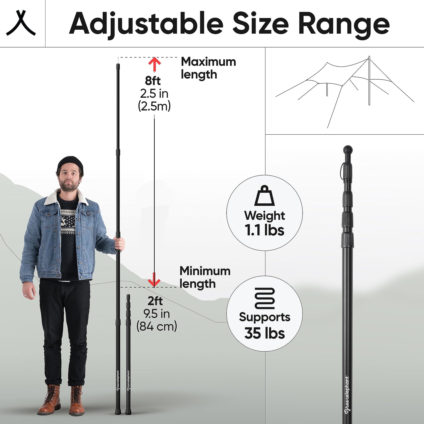 Green Elephant Camping Tarp Poles - Adjustable Aluminum Telescoping Tent Poles for Tarps, Canopy & Awning - Heavy Duty Collapsible Pole Set of 4 - Extends 8ft, Shrinks to 2ft - Caravan & Beach Shade