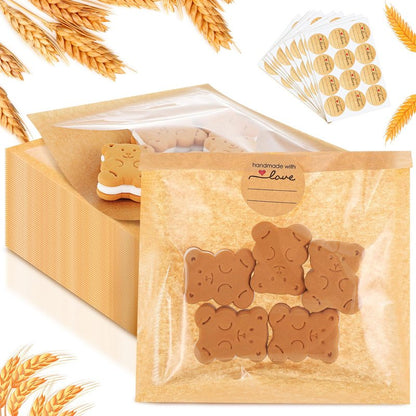 Outus 100 Pcs Cookie Packaging Bags with Seal, 6 x 6 Inch Bakery Pastry Bags with Window, Heat Sealable Grease Resistant Paper to Go Bake Sleeves for Gift Giving Donut Bread Sandwich (Brown)
