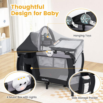 INFANS 4 in 1 Pack and Play, Portable Travel Baby Playard with Bassinet, Changing Table, Canopy, Mosquito Net, Hanging Toys, Music Box, Storage Bag, Large Playpen from Newborn to Toddlers (Black)
