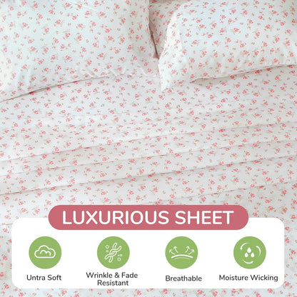 MUXHOMO Queen Size 4 Piece Sheet Set, Soft Breathable Bed Sheet Set for Bedroom with Deep Pocket Up to 16", Wrinkle-Free & Cooling Bedding for Oeko-TEX Certified - Blossoms Pink