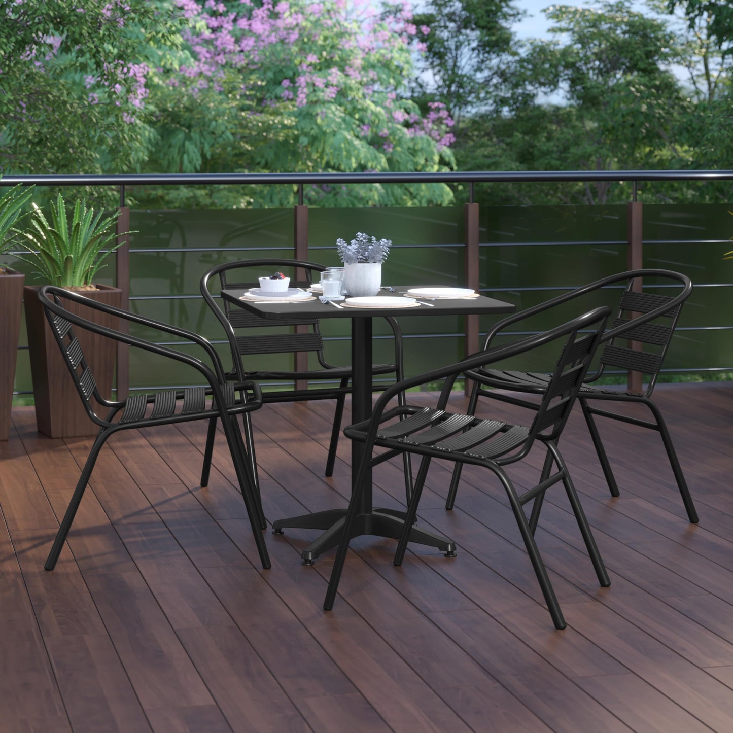 Flash Furniture TLH-ALUM-28SQ-017BK4-GG Lila 27.5'' Square Aluminum Indoor-Outdoor Table Set with 4 Slat Back Chairs, Black