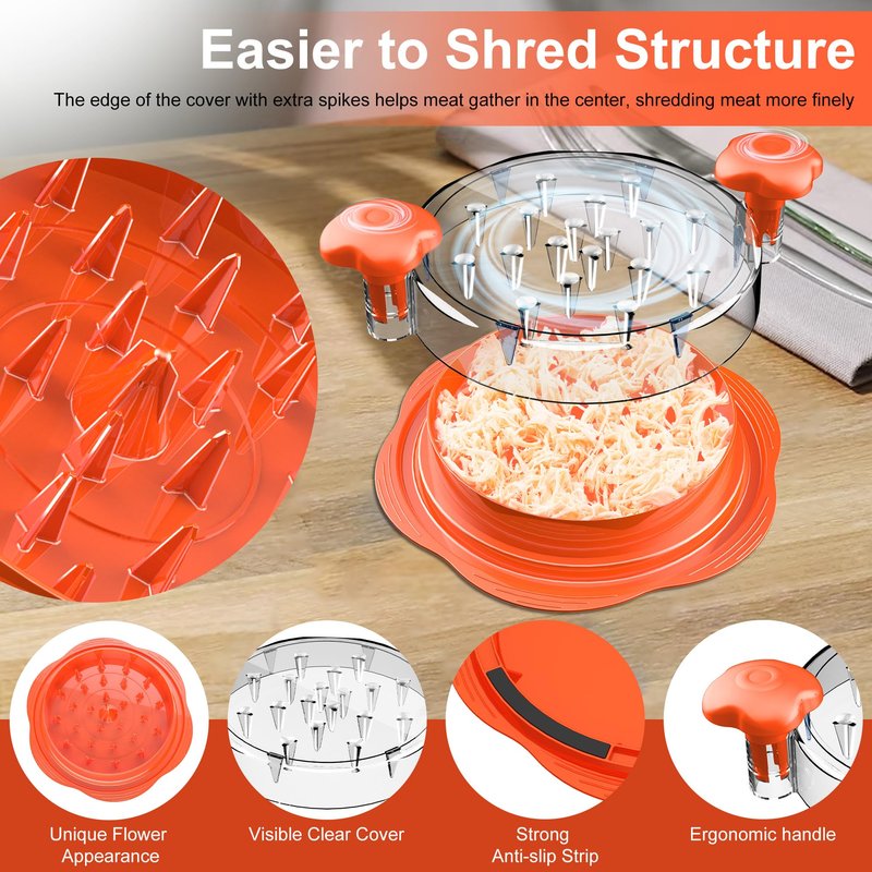 SURETIVIAN Chicken Shredder Large Chicken Breast Shredder Tool Twist with Brush&Fork, Visible Meat Shredder Machine, Anti-Slip Strip, Ergonomic Handle, BPA Free, Suitable for Pork Beef Chicken(Orange)