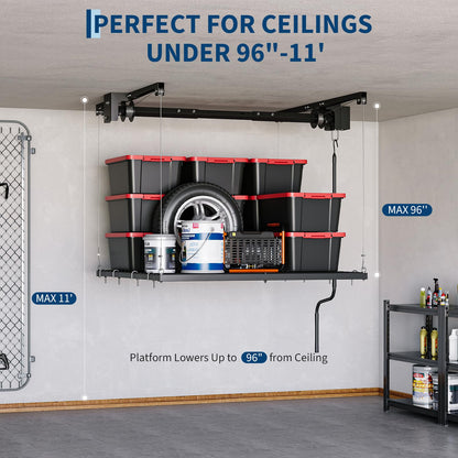 Adjustable 4x4 ft Overhead Garage Storage Rack Lift System,Heavy Duty Ceiling Mount Rack with 250 Lb Capacity & Automatic Safety Lock, Space-Saving Hanging Organizer for Attic,Basement,Garage or Shed
