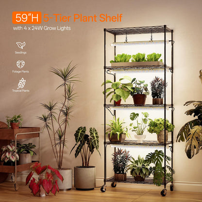 Bstrip Plant Stand with Grow Light, 5-Tier Plant Shelf with 4 Pack T8 Full Spectrum Grow Light for Indoor Plant Seed Starting, Winter to Spring Transition, Seed Tray, Timer & Wheels, 23.5"x13.8"x 59"