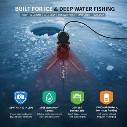 6" Underwater Fishing Camera with DVR & 16GB Card, 30M Cable Fish Finder, HD Waterproof Camera with IR Night Vision for Ice Fishing, Lake, Boat – Touch Screen