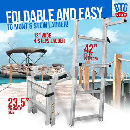 BTG Gear 4-Step Marine Grade Aluminum Pontoon Boat Folding Ladder removable, w/ Quick Release Clips for Boarding, extends up to 42"