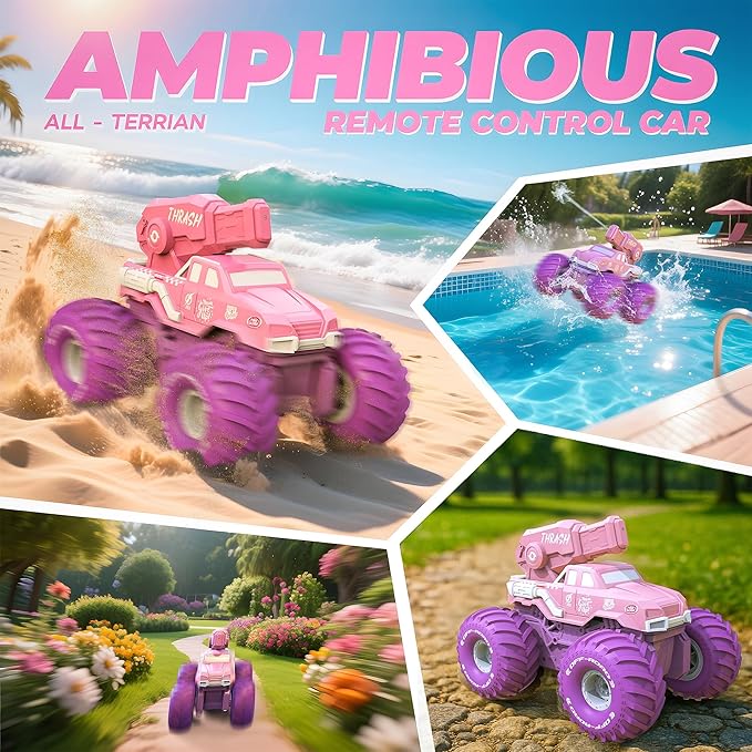 BEZGAR Amphibious Remote Control Car for Girls - Pink Monster Truck Toys 1:16 RC Boats 2.4GHz Waterproof Tank with Shooting Water Pistol 4WD All-terrian Off-Road Pickup Outdoor Girls Kids Gifts