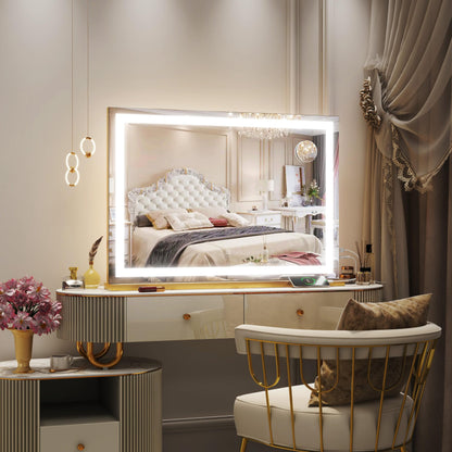 ROLOVE Vanity Mirror with Lights, 32" x 22" Large Lighted Vanity Mirror with Dimmable 3 Modes, LED Makeup Mirror, 10X Magnification, USB Charging Port, Tabletop or Wall-Mounted Square Gold
