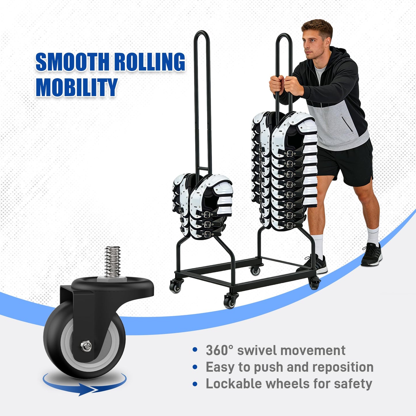 Football Shoulder Pad Rack with Lockable Wheels, Heavy Duty Steel Football Shoulder Pad Holder, Large Capacity Sports Equipment Storage Rack for Locker Room, Team Equipment and Training Facilities