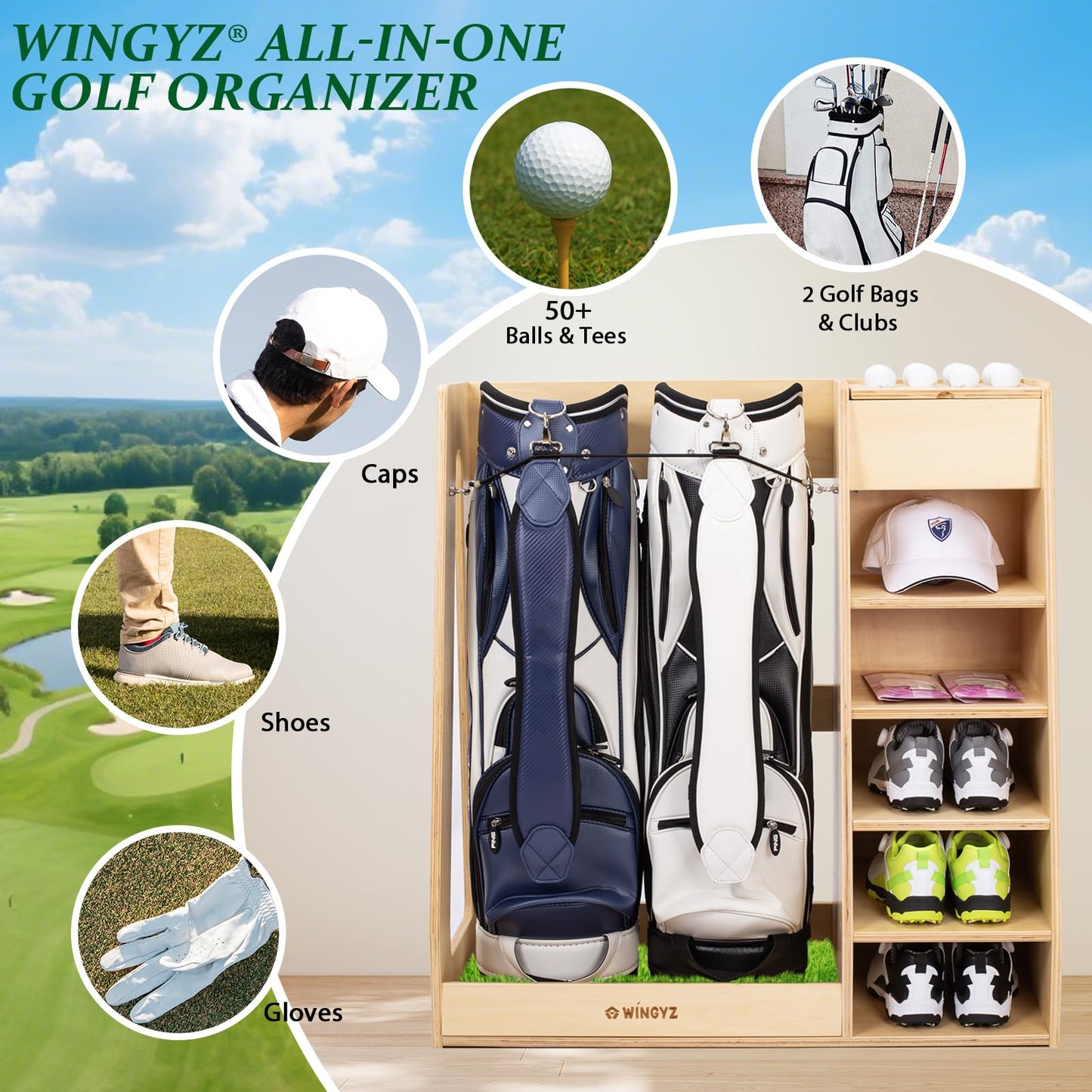 WINGYZ Premium Birch Plywood Golf Bag Storage for 2 Bags | 36lb Rock-Solid Golf Bag Organizer | 7-Shelf Command Center | Artificial Turf 12-Ball Display | No Wall Mounting Required (Natural)