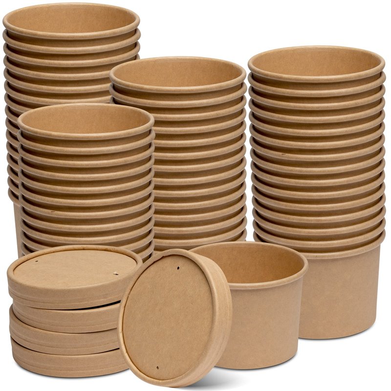 GUSTO 12 oz. Kraft Paper Food Containers with Vented Lids - [50 Count] To Go Hot Soup Bowls, Disposable Ice Cream Cups, Ideal for Hot and Cold Foods - (Formerly Comfy Package)