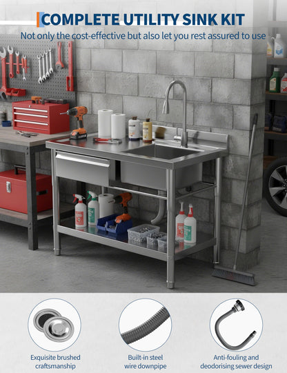 GarveeTech 39.4" Commercial Stainless Steel Utility Sink – Free Standing Single Bowl with Drawer & Hot/Cold Water Pipe for Kitchen, Laundry Room, Garage, Restaurant | Heavy-Duty Sink Station