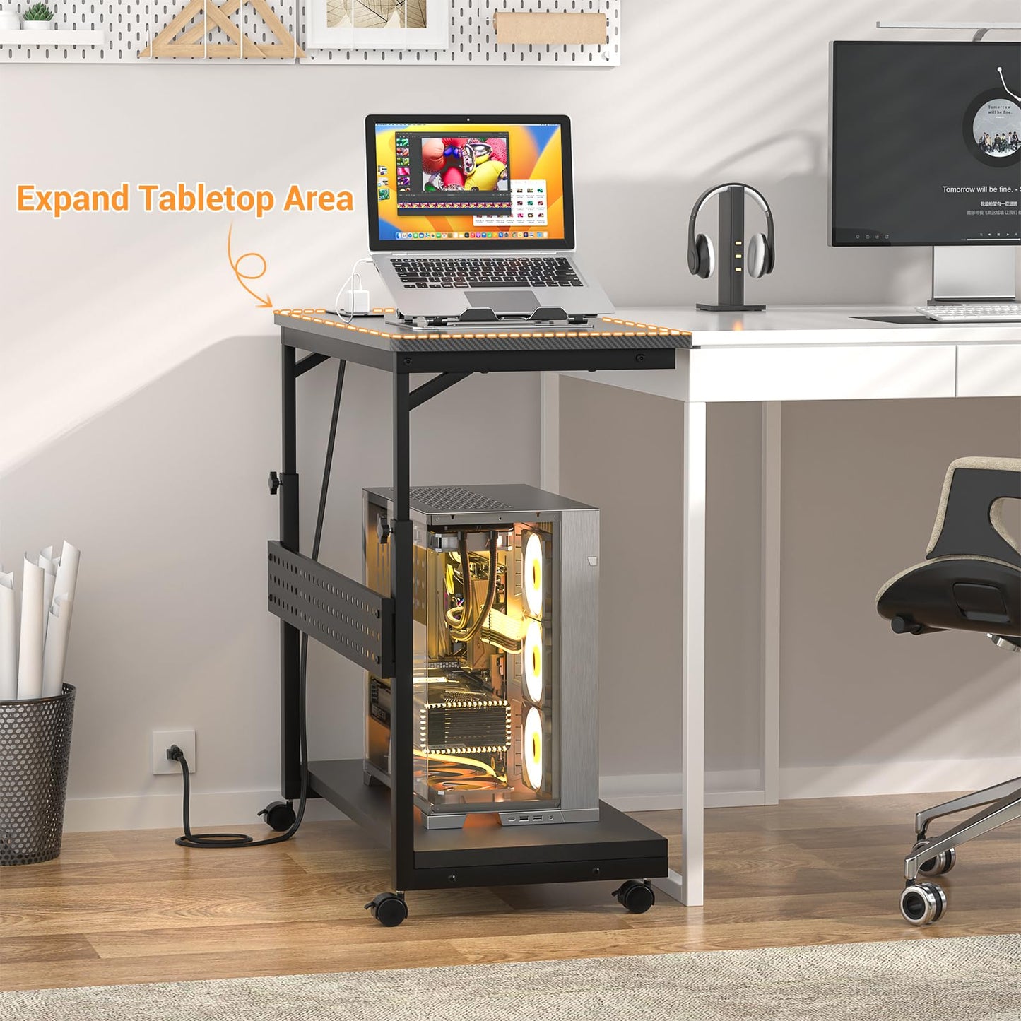 Besiost 32" Large Computer Tower Stand with Power Strips, 4 Levels Manual Height Adjustable PC Tower Stand for Under Desk, Mobile Rolling CPU Holder Computer Cart with Wheels, Carbon Fiber Black