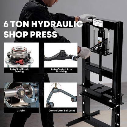 Heavy Duty Hydraulic H-Frame Shop Press – 6 Ton Manual Press, Adjustable Worktable, Stamping Plates, Industrial Steel Construction – for Auto Repair, Garage, Metalworking – Black, 6T