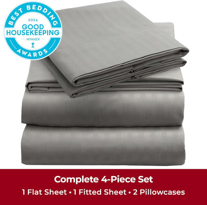 Mellanni Full Sheets Set - 4 PC Hotel Luxury Bedding | Extra Soft, Cooling, Wrinkle-Resistant (Striped Gray/Silver)