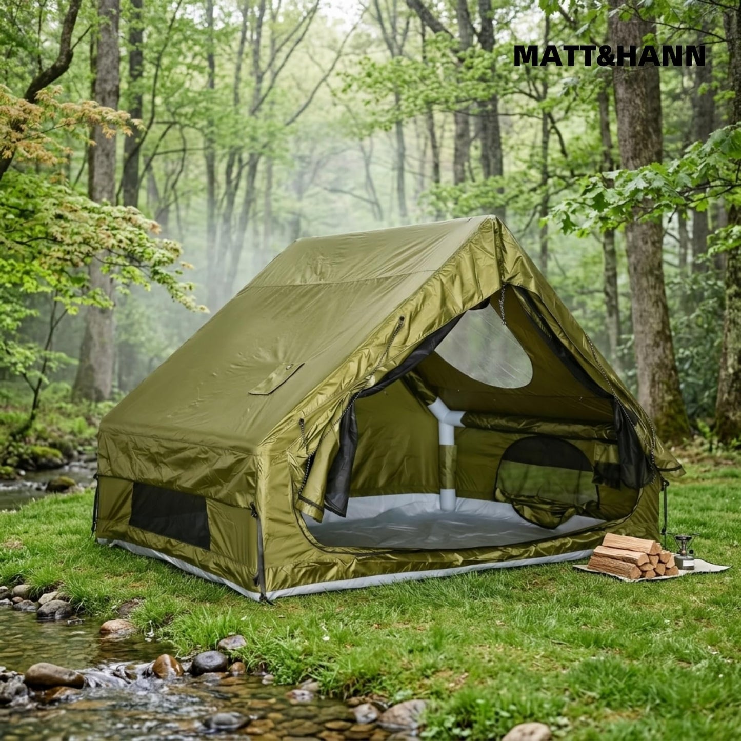Quick Setup Inflatable Tent with Skylight for 4-6 Person, Waterproof Oxford Air Glamping Tents Breathable Mosquito-Proof Screens (Green 6.3㎡ Inflatable Tent (with Chimney Port), Green)