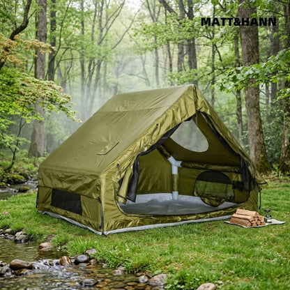 Quick Setup Inflatable Tent with Skylight for 4-6 Person, Waterproof Oxford Air Glamping Tents Breathable Mosquito-Proof Screens (Green 6.3㎡ Inflatable Tent (with Chimney Port), Green)