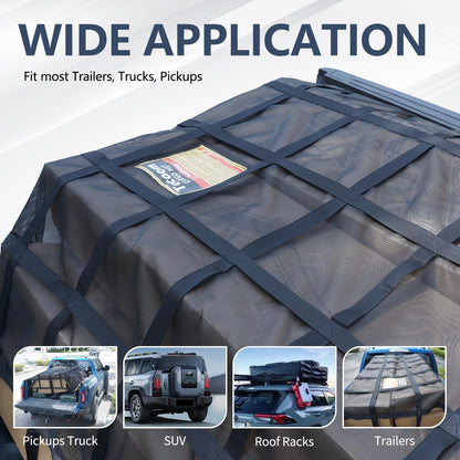 Tecoom Cargo Net with Mesh, 8.4 x 7.51ft 1,500 LBS Capacity Truck Bed Net for Trailer, Trucks, Boat, Jeep, Pickup, Heavy Duty Cargo Net with Adjustable Cam Buckles & S-Hooks & Cross Strap