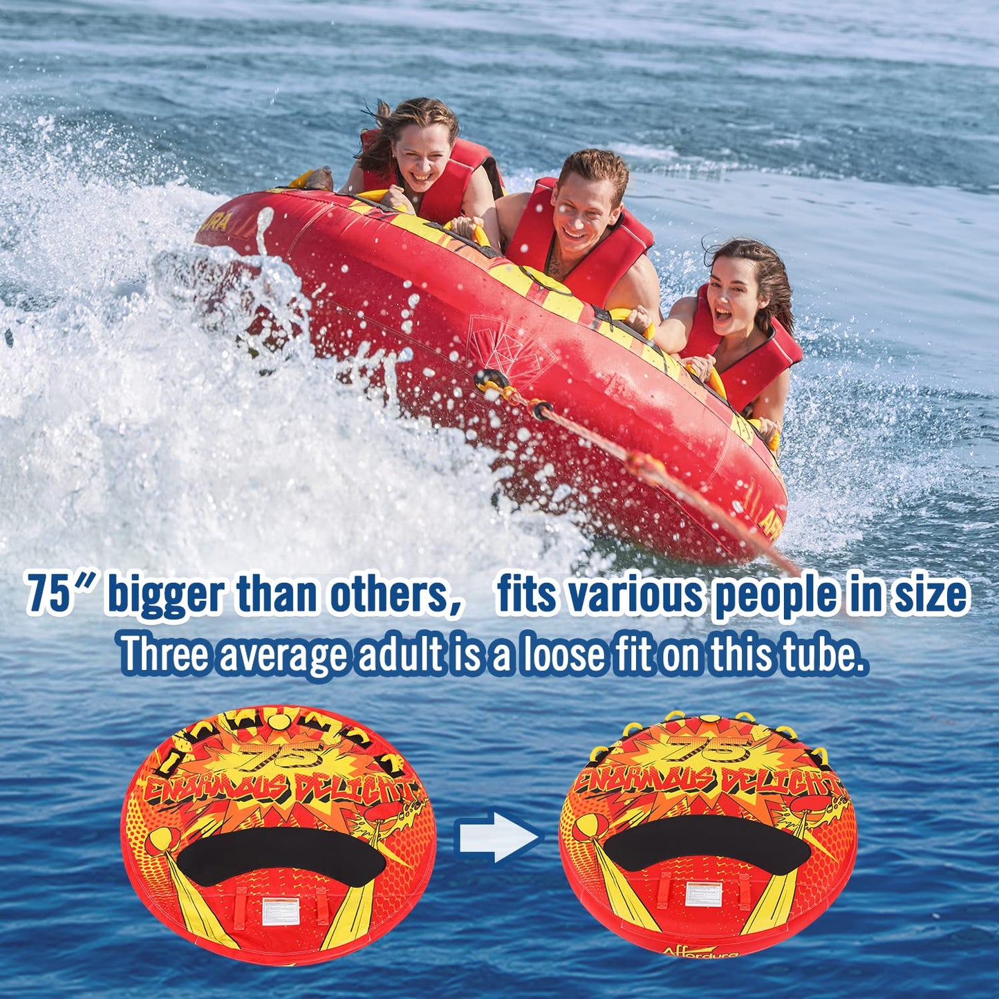 Affordura Towable Tubes for Boating 65in Tubes for Boats to Pull, Boat Tubes and Towables with Quick Connector and Storage Bag (1-3 Rider)