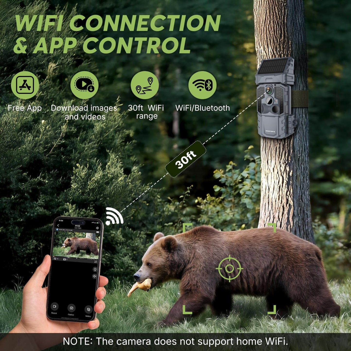 WOSPORTS Solar WiFi Trail Camera with 7800mAh Built-in Battery, 48MP Game Camera for 24/7 Wildlife Security, 0.1s Trigger, IP66 Waterproof Wildlife Cameras with 8 AA Batteries & 64GB SD Card