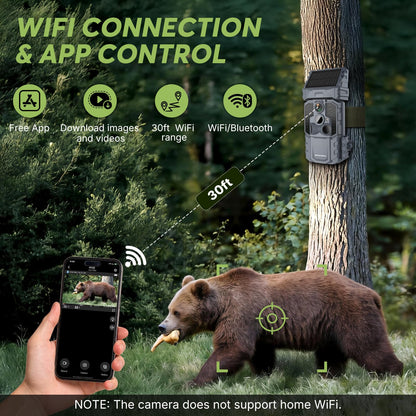 WOSPORTS Solar WiFi Trail Camera with 7800mAh Built-in Battery, 48MP Game Camera for 24/7 Wildlife Security, 0.1s Trigger, IP66 Waterproof Wildlife Cameras with 8 AA Batteries & 64GB SD Card