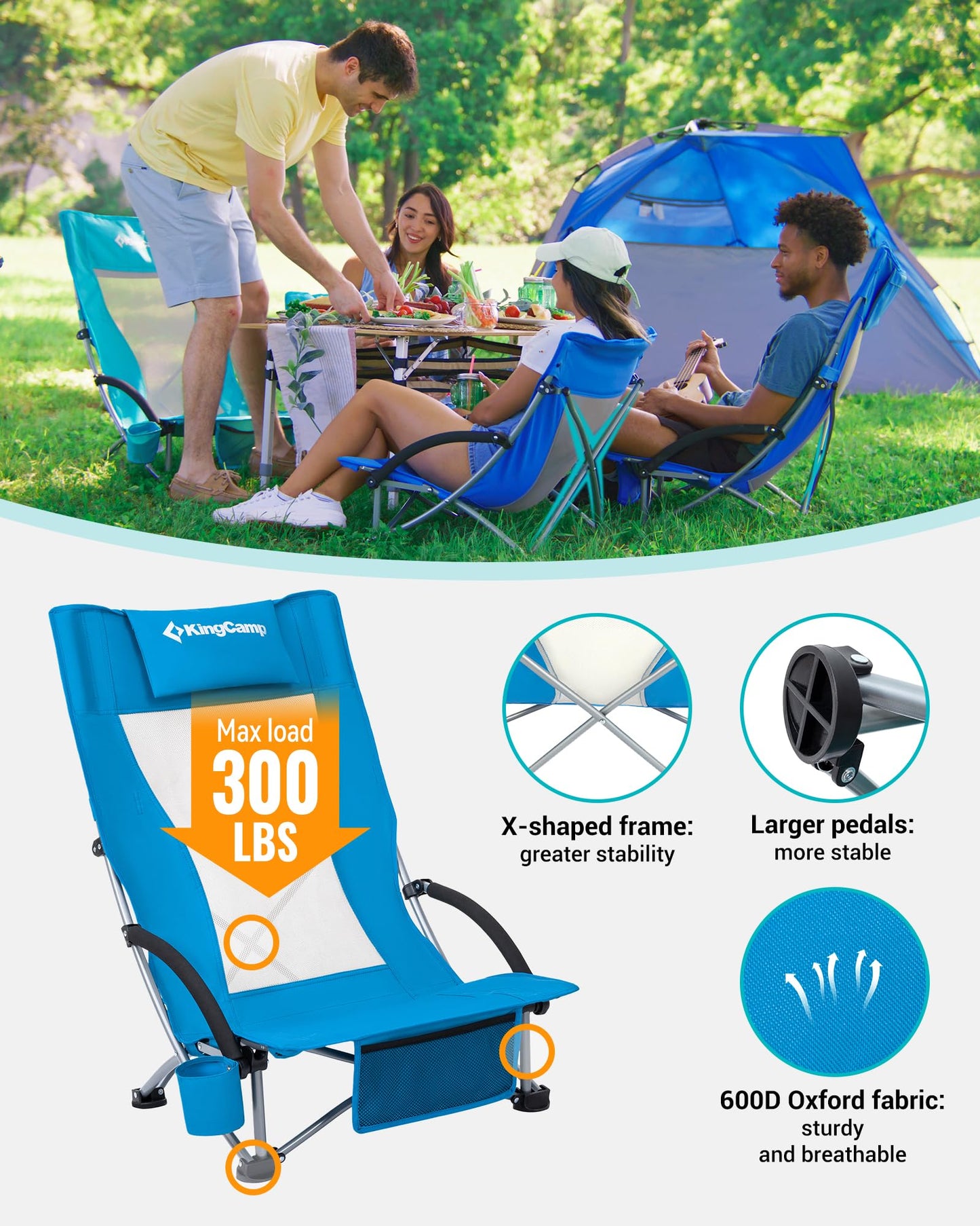 KingCamp High Back Beach Chairs for Adults, Folding Beach Chair with Cup Holder Carry Bag and Mesh Back, Blue Camping Chair for Travel Lawn Outdoor Festival