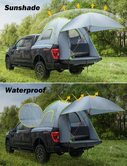 JOYTUTUS Pickup Truck Tent 5.5ft Bed Tent with Removable Awning, Waterproof PU2000mm Double Layer for 2 Person, Portable Truck Bed Tent - Green, Aluminum Pole