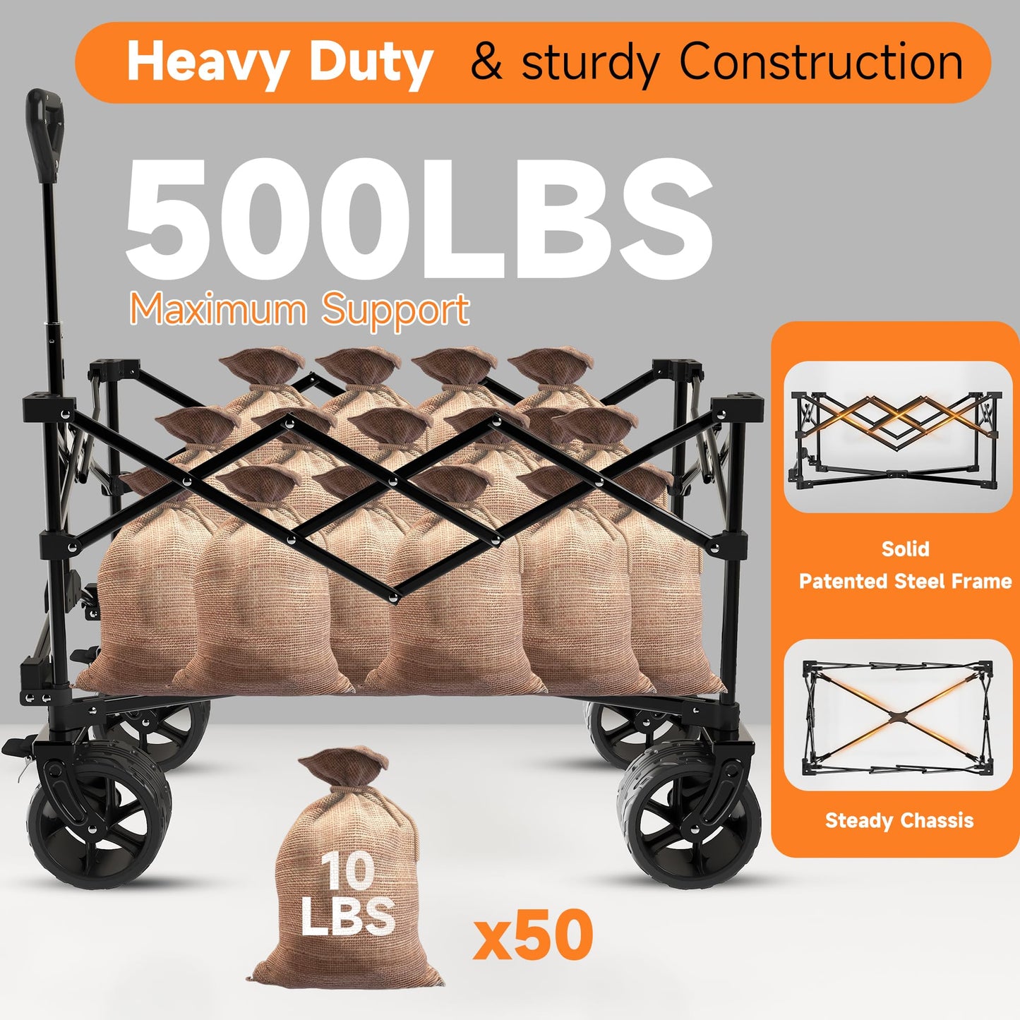 40" L Collapsible Wagon Cart Foldable, 500lbs Weight Capacity 250L Heavy Duty Folding Beach Wagons with Big All-Terrain Wheels, Utility Carts for Groceries, Shopping, Camping, Sports - Black