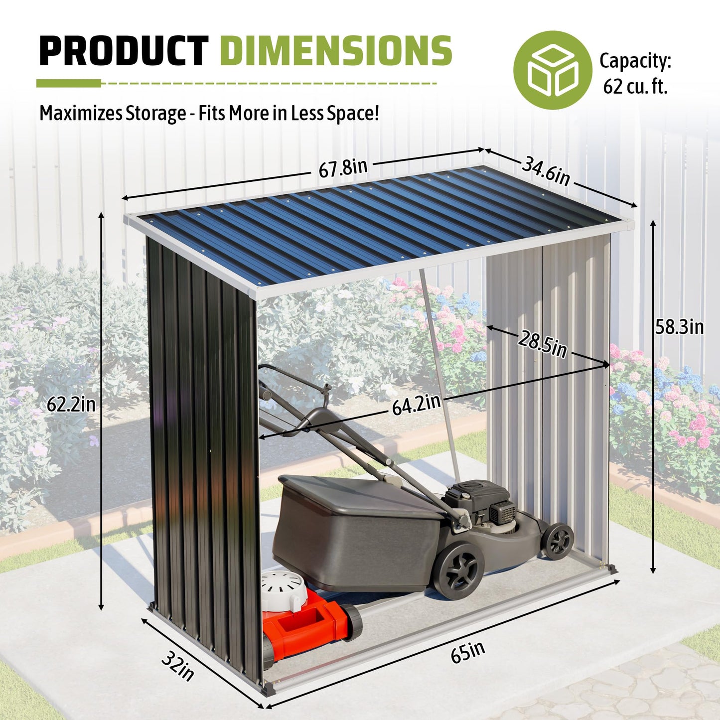 KEIKI Firewood Storage Rack with Sloped Roof, 62 Cu.Ft Weather-Resistant Patio Organizer, Outdoor Metal Storage Shed for Lawn Mower, Garden Tools, Backyard, Camping Gear