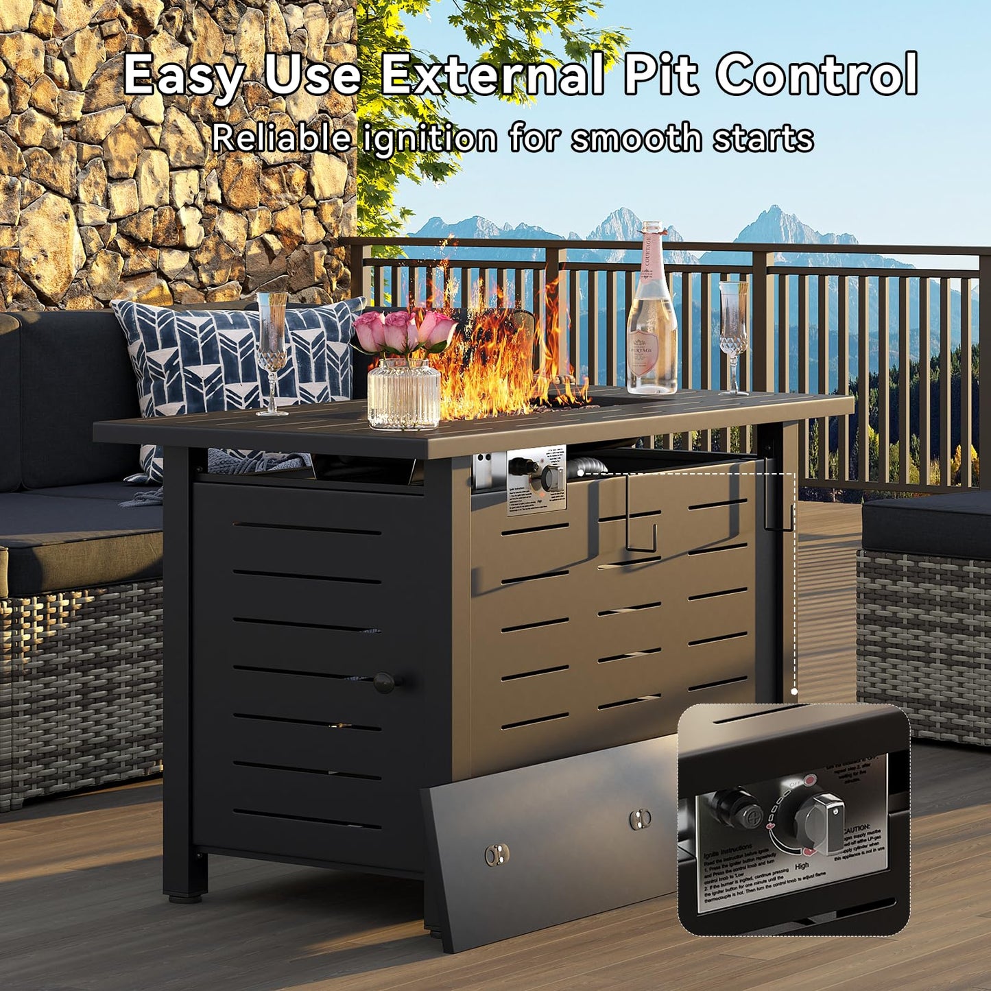 Aoxun 41 Inch Propane Fire Pit–50,000 BTU Gas Fire Pit Table with Removable Lid & Lava Rocks, Rectangle Firepit Table for Outside, Patio, Deck, Backyard, Black