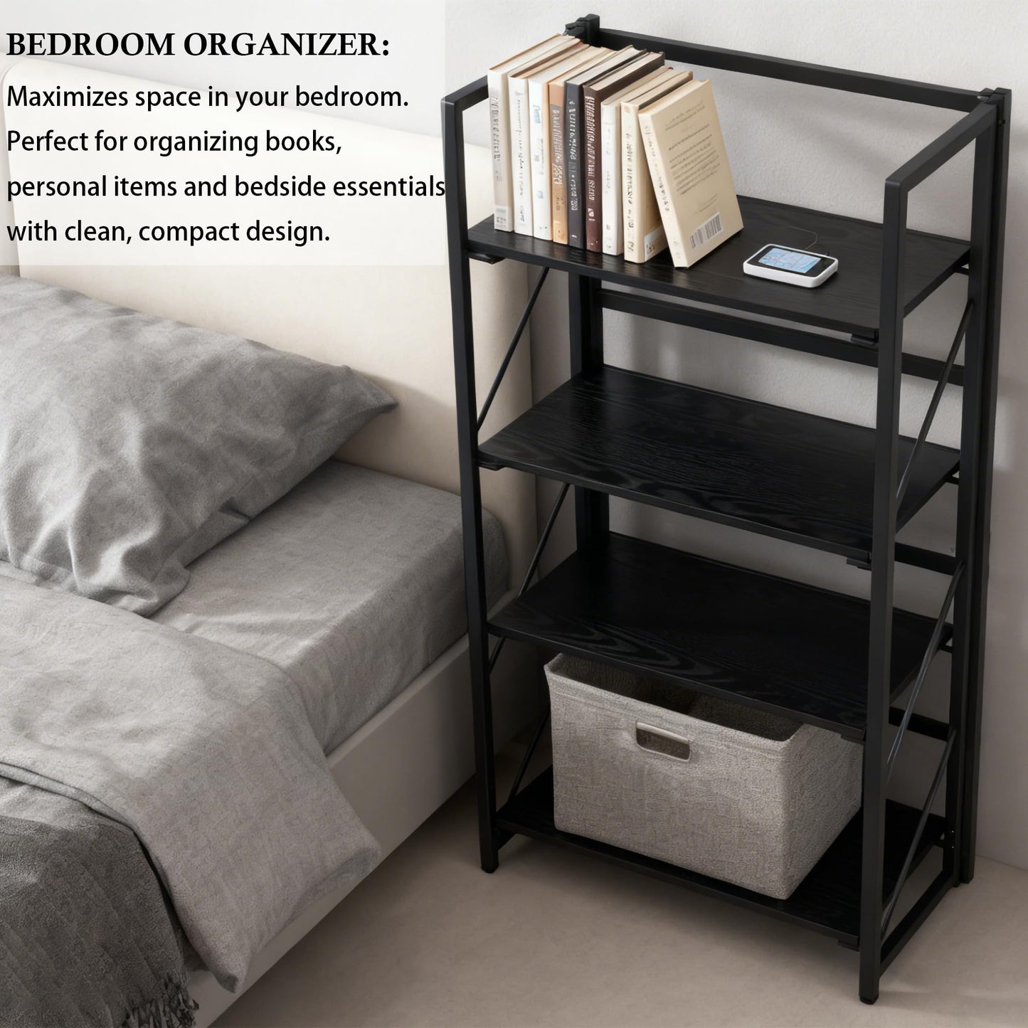 Kogven Folding Bookshelf, 2-in-1 Convertible Design, Multifunctional Plant Stand Storage Rack Shelves for Home Office, Easy Assembly, 4-Tier,Black