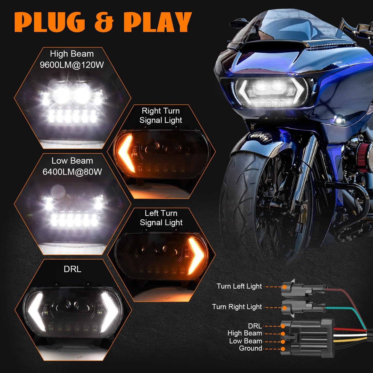 Eumti 120W Road Glide Led Headlight Super Bright Front Headlamp High Low Beam w/Turn Signal Light DRL Fit for 2015-2023 Harley Touring Road Glide FLTR Models 2024 FLTRK FLTRT