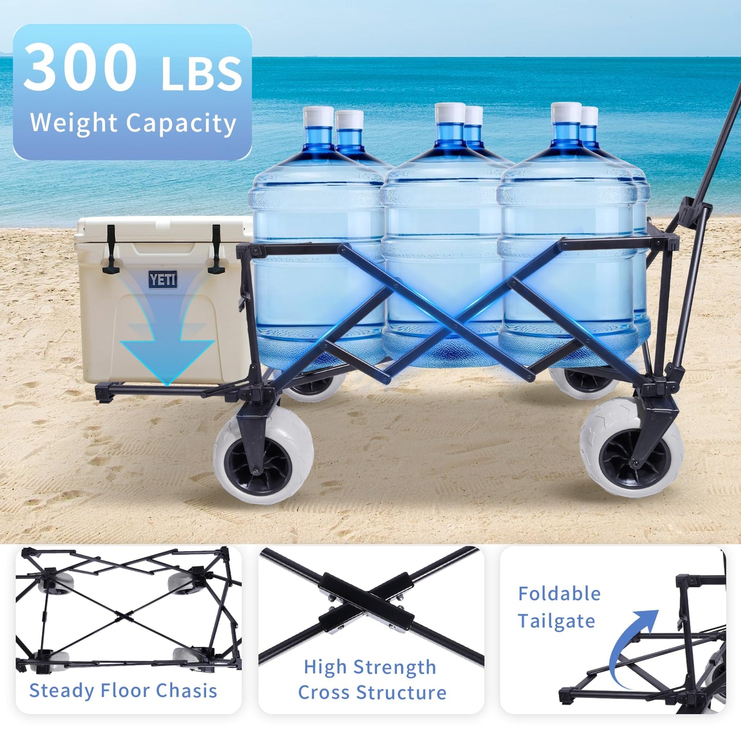 51" L Beach Wagon with 9" Sand Wheels,260L Collapsible Beach Cart with Rear Tailgate,Heavy Duty Wagon for Sand, Camping, Fishing and Sport,Blue